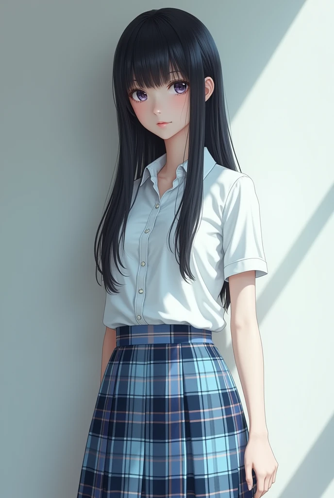 Japanese high school girl with straight black hair。
It's a white shirt, give it realism, photo-like feeling.。
The skirt is light blue plaid, Navy blue, and gray.。
The length of the skirt is just above the knee, Hair length just to waist, The bangs are long enough to cover the eyebrows, Nogizaka46 Style, Viewed diagonally from the right front, Height 180 cm。
similar model, almost like a photo