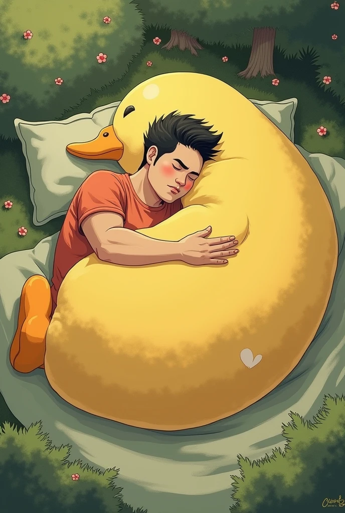 Ghibli style drawing of a young and big adult man, lying sleeping hugging a big yellow duck stuffed animal, calm and peaceful image