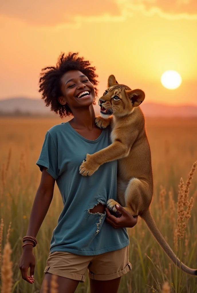 A dynamic, photorealistic image capturing a playful moment. It features a young African woman with short, curly black hair, laughing as she playfully wrestles with a mischievous lion cub. She is dressed in comfortable khaki shorts and a loose blue t-shirt that is completely torn. Her eyes sparkle with joy. The lion cub playfully bites at her torn t-shirt while she gently tries to hold it back. The two are positioned in the middle of a field of tall, golden grasses, with a spectacular sunset casting a warm glow over the scene. The woman wears a beaded bracelet. The sun is positioned just behind her, creating a backlit effect.