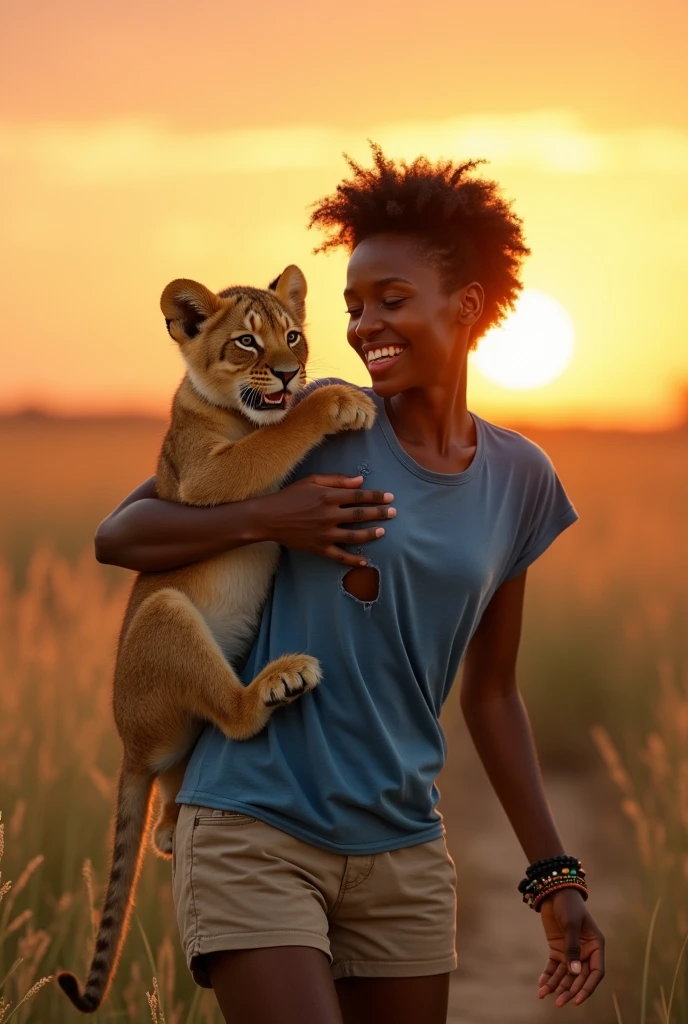 A dynamic, photorealistic image capturing a playful moment. It features a young African woman with short, curly black hair, laughing as she playfully wrestles with a mischievous lion cub. She is dressed in comfortable khaki shorts and a loose blue t-shirt that is completely torn. Her eyes sparkle with joy. The lion cub playfully bites at her torn t-shirt while she gently tries to hold it back. The two are positioned in the middle of a field of tall, golden grasses, with a spectacular sunset casting a warm glow over the scene. The woman wears a beaded bracelet. The sun is positioned just behind her, creating a backlit effect.