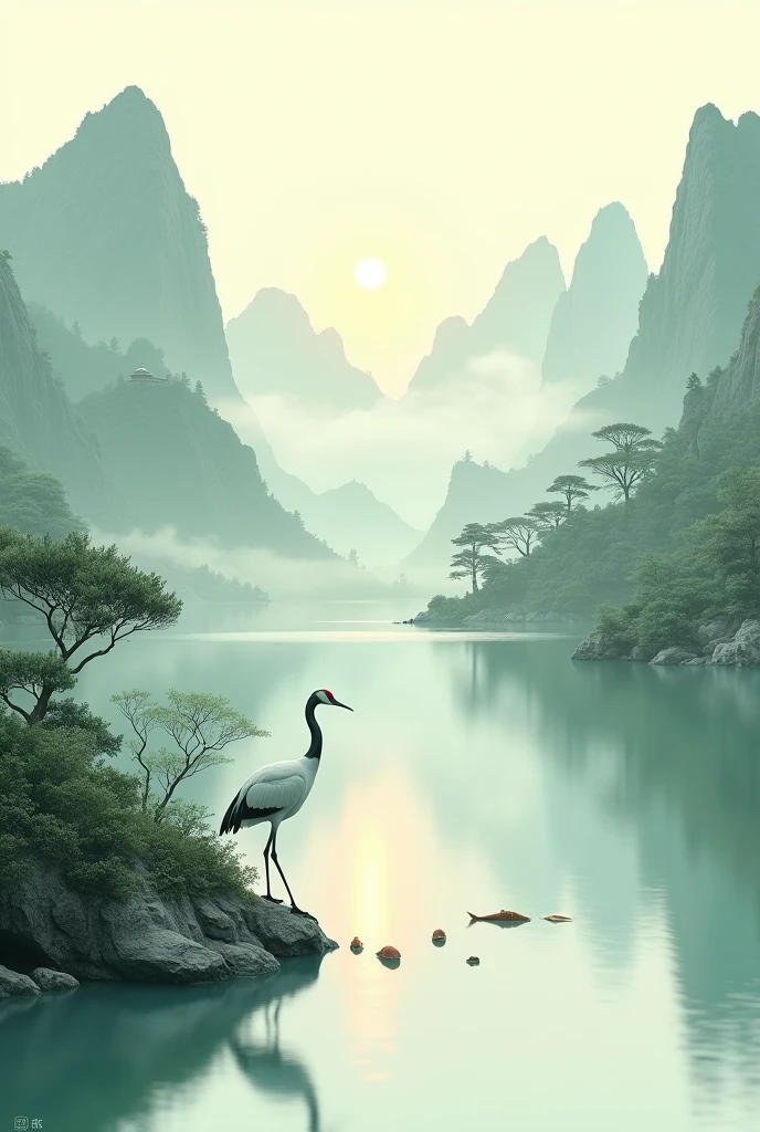 3D view, Chinese style((landscape painting)), surrounded by mountains, a crane catching fish on the water surface