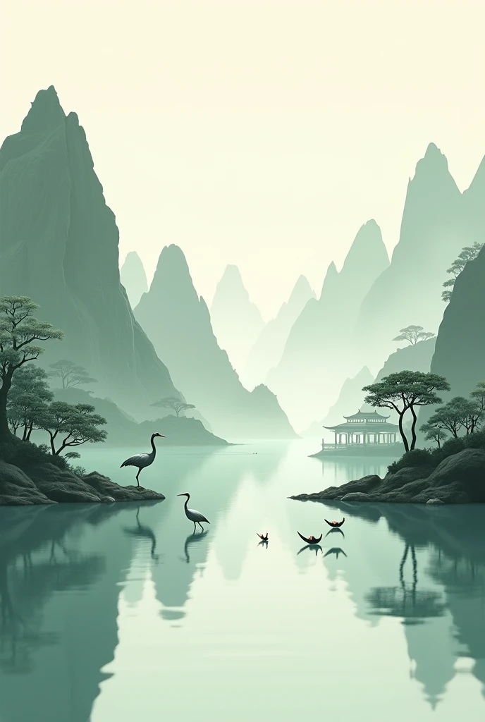 3D view, Chinese style((landscape painting)), surrounded by mountains, a crane catching fish on the water surface