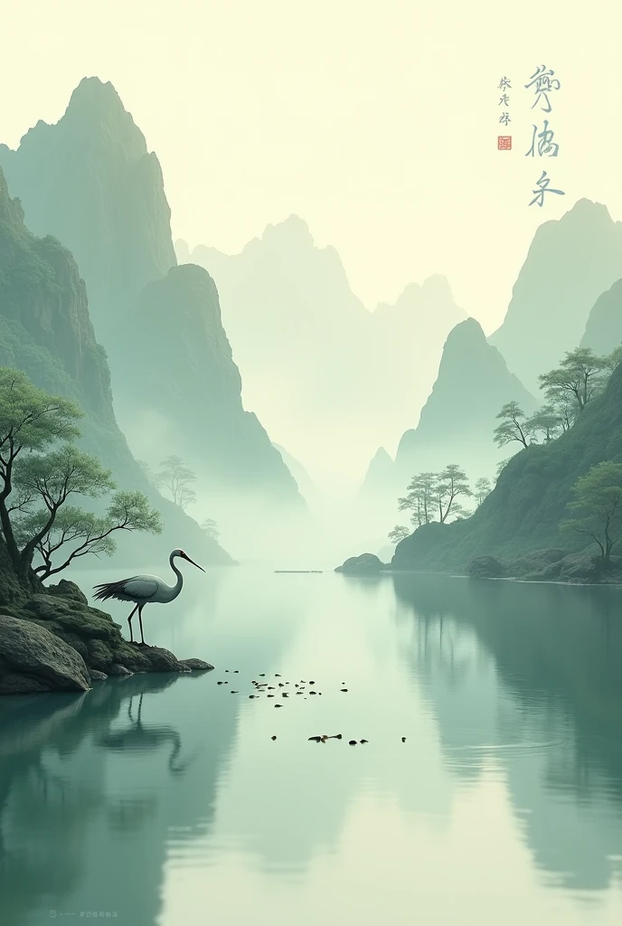 3D view, Chinese style((landscape painting)), surrounded by mountains, a crane catching fish on the water surface