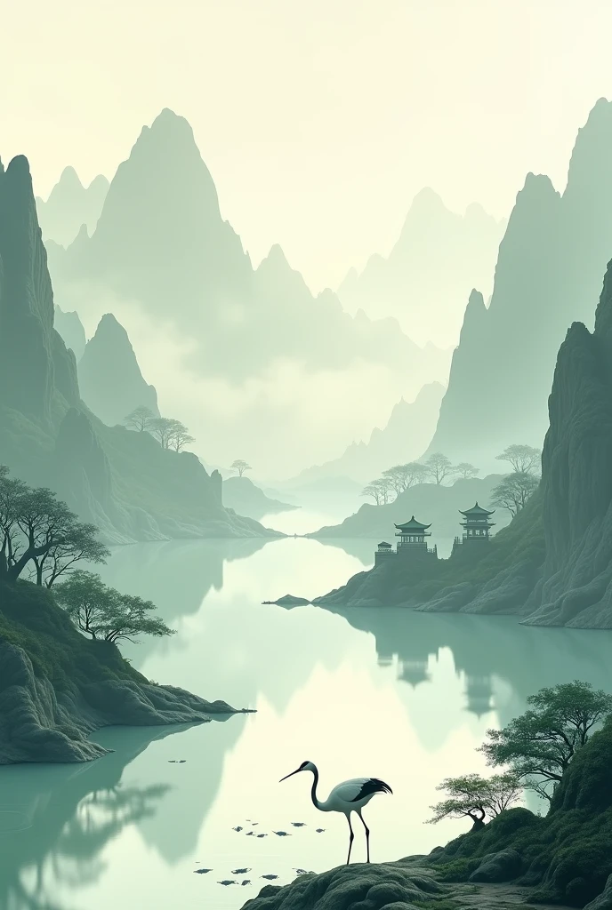 3D view, Chinese style((landscape painting)), surrounded by mountains, a crane catching fish on the water surface