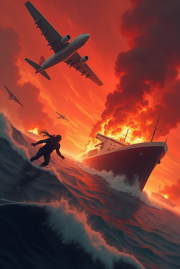 Modern planes falling from the sky in lkamas ,modern ships on fire sinking in the sea,all in red