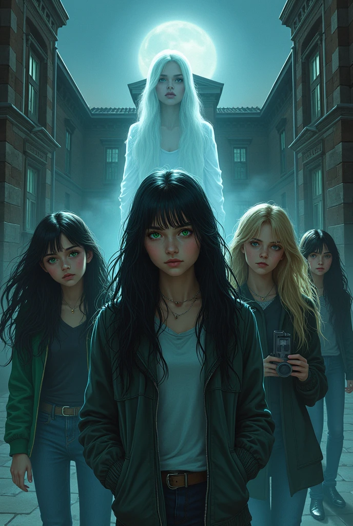 A book cover design with title: "Les Murmures du passé". The cover should feature a renaissance-style high school building in the background. In the foreground, there are four girls: the rebellious one with black hair and green tips, and green eyes; the popular one with blonde hair and blue eyes; the studious one with brown hair and brown eyes; the cool one with black hair and black eyes. The fifth girl is a Ghost, wearing chic 1990 clothing, appearing slightly translucent. They are all depicted as if investigating something mysterious. The color palette include dark, moody tones with hints of silver and blue. The title is in a gothic font at the top. With the autor's name: " Sombiniaina J." At the  bottom.