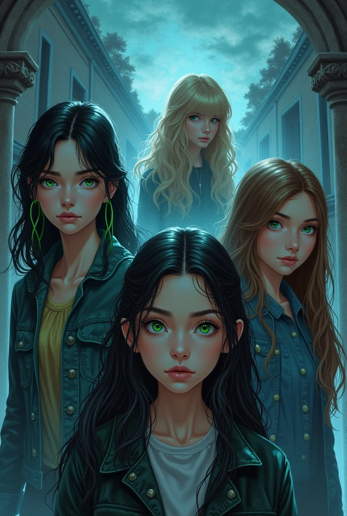 A book cover design with title: "Les Murmures du passé". The cover should feature a renaissance-style high school building in the background. In the foreground, there are four girls: the rebellious one with black hair and green tips, and green eyes; the popular one with blonde hair and blue eyes; the studious one with brown hair and brown eyes; the cool one with black hair and black eyes. The fifth girl is a Ghost, wearing chic 1990 clothing, appearing slightly translucent. They are all depicted as if investigating something mysterious. The color palette include dark, moody tones with hints of silver and blue. The title is in a gothic font at the top. With the autor's name: " Sombiniaina J." At the  bottom.