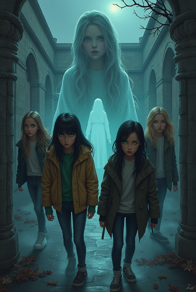 A book cover design with title: "Les Murmures du passé". The cover should feature a renaissance-style high school building in the background. In the foreground, there are four girls: the rebellious one with black hair and green tips, and green eyes; the popular one with blonde hair and blue eyes; the studious one with brown hair and brown eyes; the cool one with black hair and black eyes. The fifth girl is a Ghost, wearing chic 1990 clothing, appearing slightly translucent. They are all depicted as if investigating something mysterious. The color palette include dark, moody tones with hints of silver and blue. The title is in a gothic font at the top. With the autor's name: " Sombiniaina J." At the  bottom.