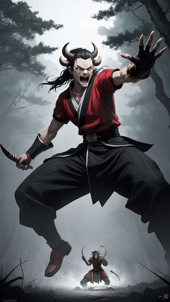 enerate a digital artwork depicting a battle between Nezuko Kamado from 'Demon Slayer: Kimetsu no Yaiba' and Ushioni, a legendary creature with a bull's head and a spider's body. Nezuko is shown in an action-packed pose, utilizing her supernatural abilities, while Ushioni looms large and threatening. The background is a shadowy, fog-filled forest, enhancing the intensity of the confrontation.