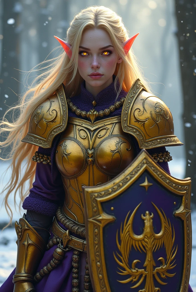 Tema del juego World of Warcraft Image of an female Blood elf Knight,aged 32,blonde Hair flowing with the wind, standing holding her favourite golden sword and golden Shield(with griffon simbol),purple Skin, Long elf ears, bright glowing Golden eyes, Golden extremely realistic and intrincate shiny metal Armor with metal reflections, Golden Pauldrons, Golden skull Pauldron, Gold and purple Chestpiece,golden Gauntlets, Dark purple tabard, Dramatic tones.blizzard storm,heavy snow, snowing,old forest, Una obra maestra con la más alta resolución. , Tipo de imagen surrealista,armor metal reflections,Photorealistic, Hyperrealistic, Hyperdetailed, analog style, detailed skin,soft lighting, subsurface scattering, realistic, heavy shadow, masterpiece, best quality, ultra realistic, 8k, golden ratio, Intricate, High Detail, film photography, soft focus