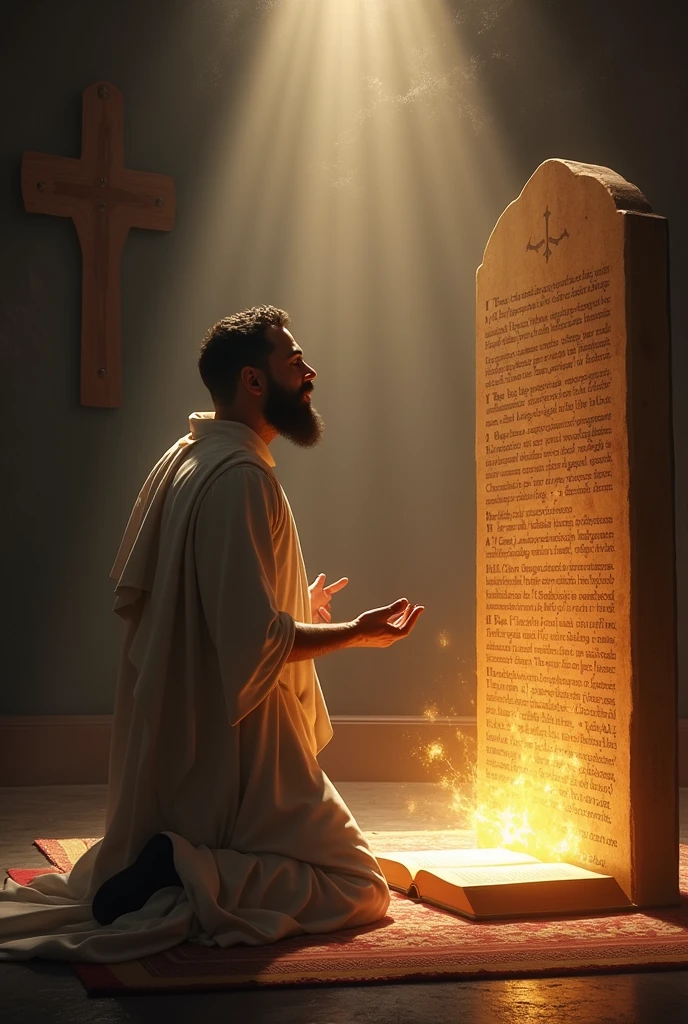 a man kneeling before the bible open on the floor, receiving a light from heaven, in the background on the left a cross, in the background on the right the ten commandments, with the fourth commandment shining like flames.