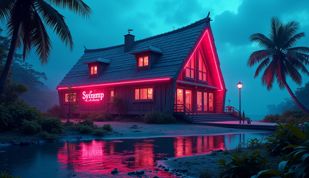 big swamp hut, 3d, stylized, neon lights, near shore, night time, modern, with neon signs