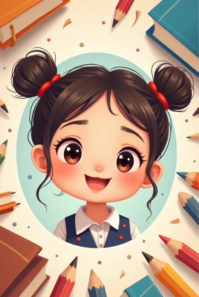 I want the face of a cute looking animated girl with school things in the background To use as a background for a badge with spaces to put letters