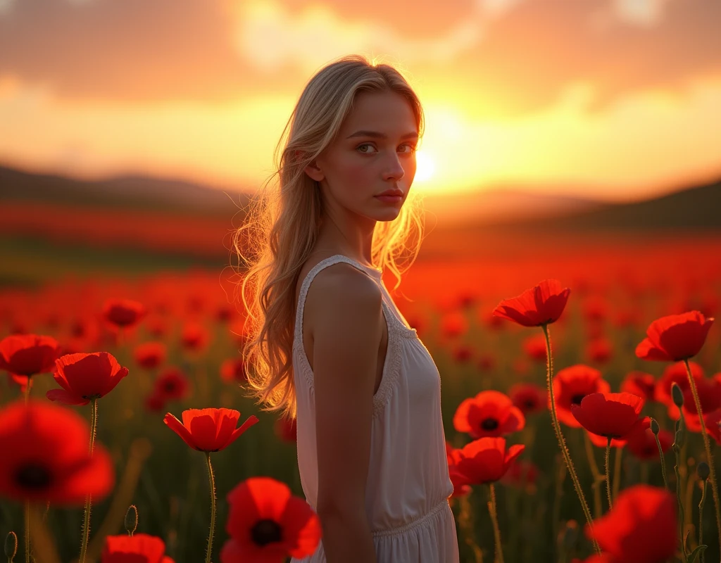 Jeune fille blonde dans un champ de coquelicots coucher de soleil
