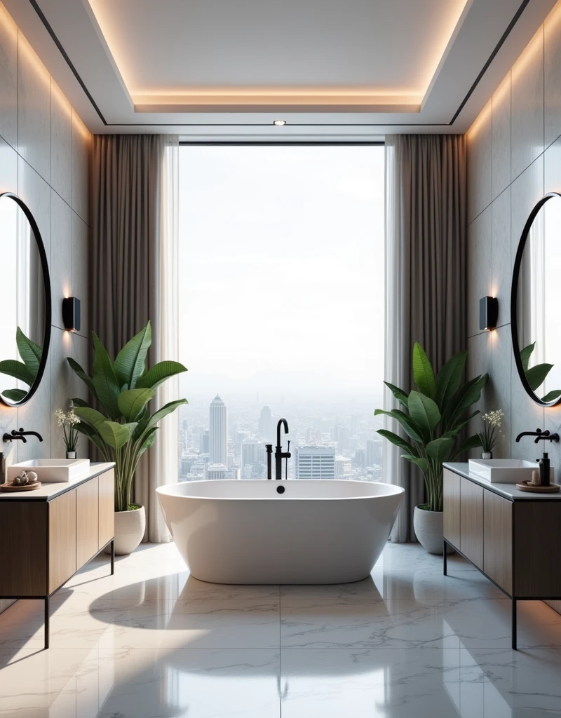 A modern luxury bathroom interior, with a freestanding bathtub centered under a large window offering a view of the city. The space features marble walls, sleek black fixtures, and a large round mirror above a double vanity. The sunlight reflects off the shiny surfaces, creating a bright and clean look. The background includes decorative elements like potted plants and luxury toiletries. hd quality, high contrast, spa-like ambiance, modern elegance, sleek lines, polished surfaces, --ar 16:9 --v 6.0