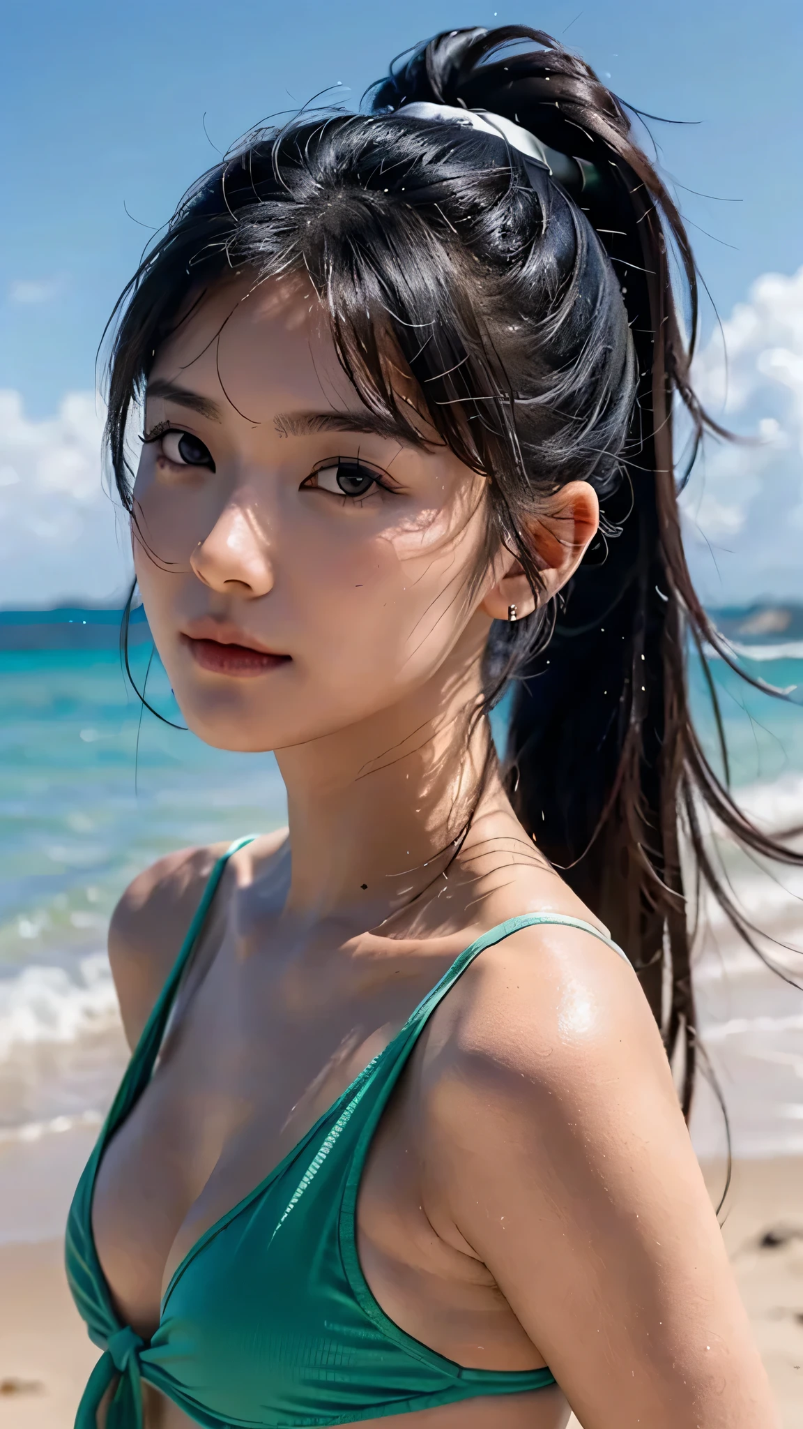 body shot,micro bikini,outdoor,beach,Body in front,masutepiece, The highest image quality, High quality, the background is clear,Beautiful woman, Japanese, Detailed, Ultra-detailed, finely detail, hight resolution, 8K Wallpaper, Perfect dynamic composition, Beautiful detailed eyes ,Detailed eyes, Detailed skin, Beautiful skin, 超hight resolution, (reality: 1.4),Very beautiful woman, Slightly younger face, Beautiful skin, slender, (Ultra photo realsisim), (hight resolution), (8K), (Very detailed) (beautifully detailed eyes), (super detailed), (Detailed face), view the viewer, Fine details, Detailed face, Staring straight ahead, Staring straight ahead, photos realistic, Bright lighting, Professional Lighting, Black hair,poneyTail,a baby face,sixteen years old,Hairstyle: ponytail,Long ponytail hairstyle,slight smile,