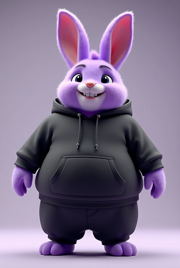 (best quality,3d,ultra-detailed),Bunny ears, smile, two toned fur, smooth body, purple hair, purple body, red mom, wearing a black hoodie black pants  fat belly very big belly very big inflation 