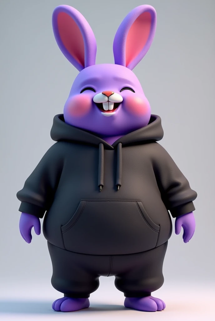 (best quality,3d,ultra-detailed),Bunny ears, smile, two toned fur, smooth body, purple hair, purple body, red mom, wearing a black hoodie black pants  fat belly very big belly very big inflation 