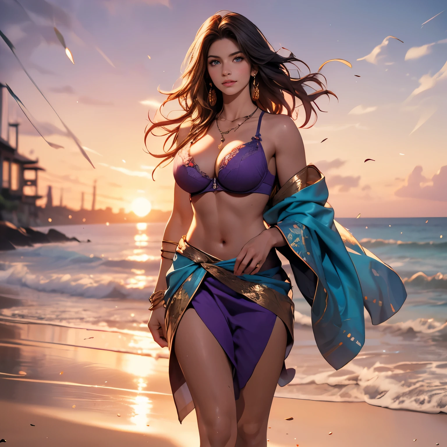 1 Pretty Caucasian (female), Sarah Shahi, a slim but muscular body, huge breasts, brown messy hair, blue eyes, (wearing purple saree and bra), full body, busty body, Beautiful mature woman, peerless beauty, Big breast, (super realistic), detailed skin texture, detailed cloth texture, beautiful detailed face, intricate details, ultra detailed, look the viewer, wind hair, shining skin, the embodiment of grace and elegance, detailed eyes, detailed pupil, volumetric lighting, necklace, jewelry luxury, outdoor, ( at sunset), dynamic pose, ((on beach background)), ((front view)), (Best quality, A high resolution, Photorealistic, primitive, 8K,Masterpiece, ),Best quality, Masterpiec8K.hdr. High ribs:1.2, filmgrain, Blur bokeh:1.2, Lens flare, (vivd colour:1.2), (Delicate), exposed large cleavage, exposed thighs.