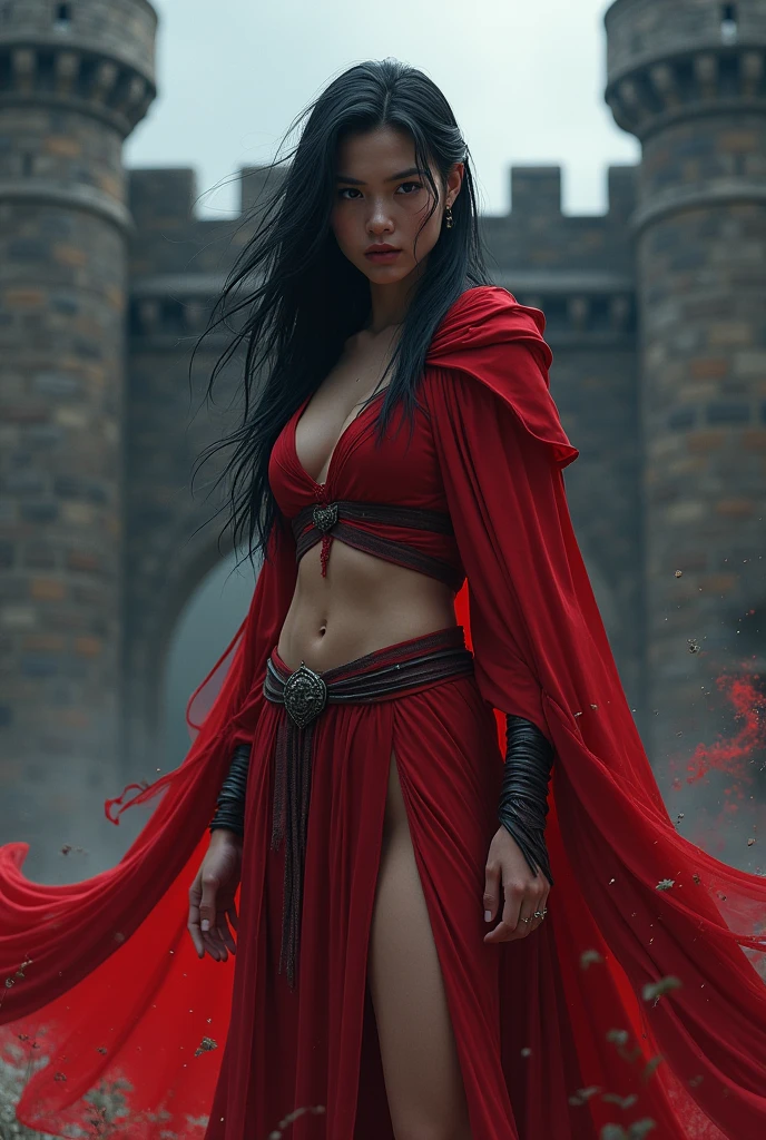 A young dark warrior,  black haired wearing a red outfit, the image of a castle wall in the background