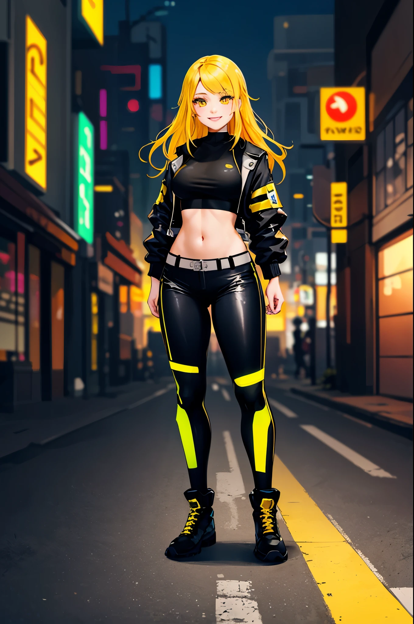high quality, subsurface scattering, chromatic lighting,
colorized, yellow + black limited color palette, 
detailed concept drawing,
Street girl, cyberpunk, futuristic, full body, no weird things or color on her face,
portrait, 20yo 1girl, medium soft breasts, slender, crop top, jacket, combat pants, long yellow hair, yellow eyes, posing, smiling