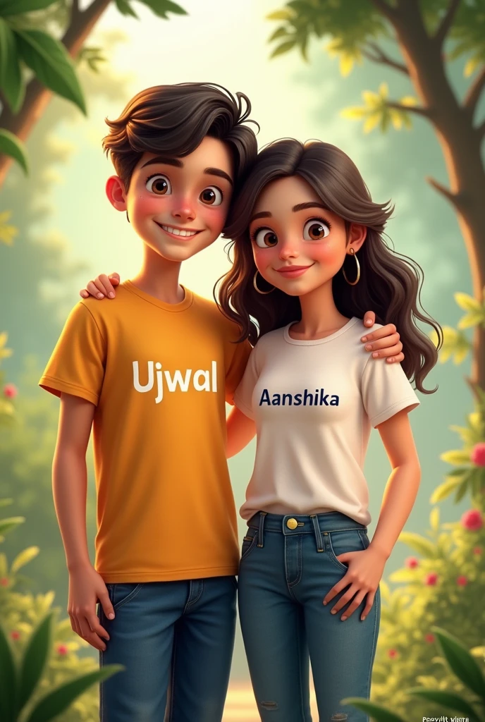 A boy wear a tshirt with name ujjwal stand with a girl wear a tshirt name aanshika