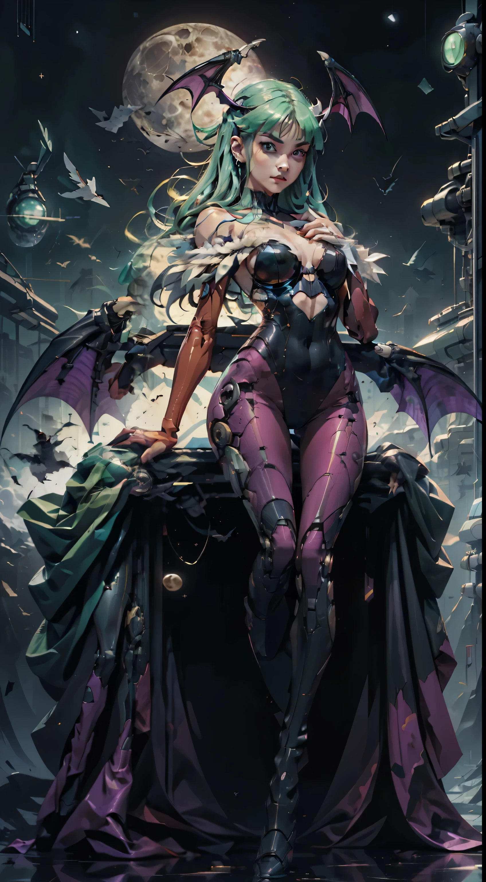 Alta qualidade, rosto detalhado, corpo detalhado, foto de corpo inteiro, ((Morrigan Aensland do jogo Darkstalkers ao estilo cyberpunk)), (asas de morcego da Morrigan Aensland), asas de morcego roxas, Bat wings on the head, (cabelo longo verde), cabelo verde com franja, white feather feather details from neckline to shoulder, black swimsuit, botas pretas, busto grande, robot arms, Cyborg Arms, Robotic legs, pernas de cyborg, lilac metal legs with printed details of silhouettes of purple bat symbols on the legs,(flutuando no ar), (levitando), Night scenery, a noite, moon in the night sky, warm ilumination.