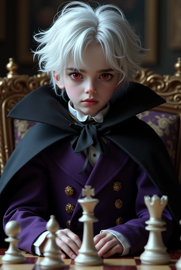boy with pale white skin
Vampire
red eyes
Messy hair, White with black top
Wearing an elegant purple Victorian suit, with gold details
Black cape
Cold gaze, sitting in front of a chess board