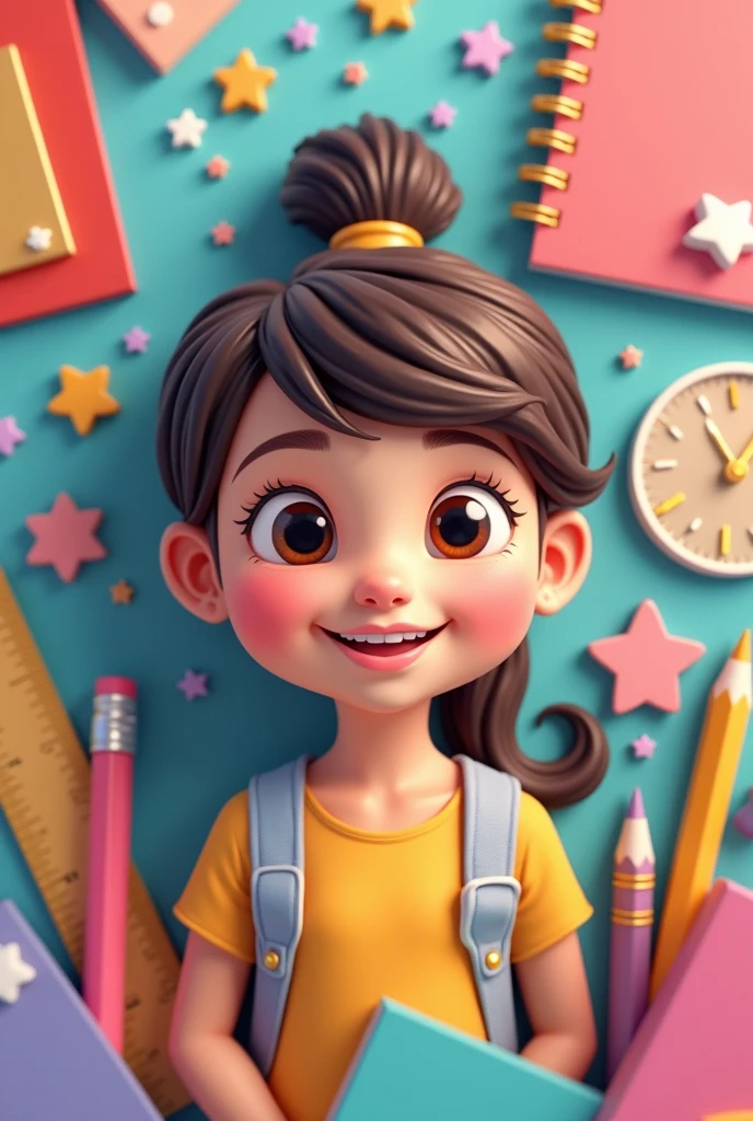 I want a cute looking 3D animated girl's face with school stuff in the background to use as a badge background with spaces to put letters