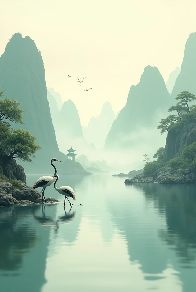 3D view, Chinese style((landscape painting)), surrounded by mountains, a crane catching fish on the water surface