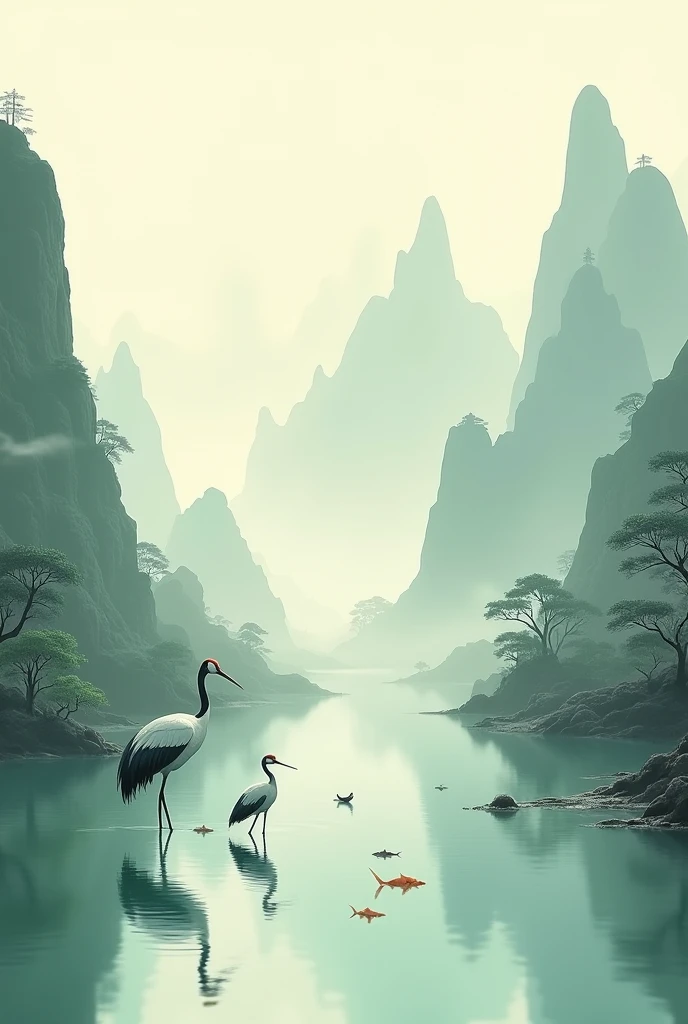 3D view, Chinese style((landscape painting)), surrounded by mountains, a crane catching fish on the water surface