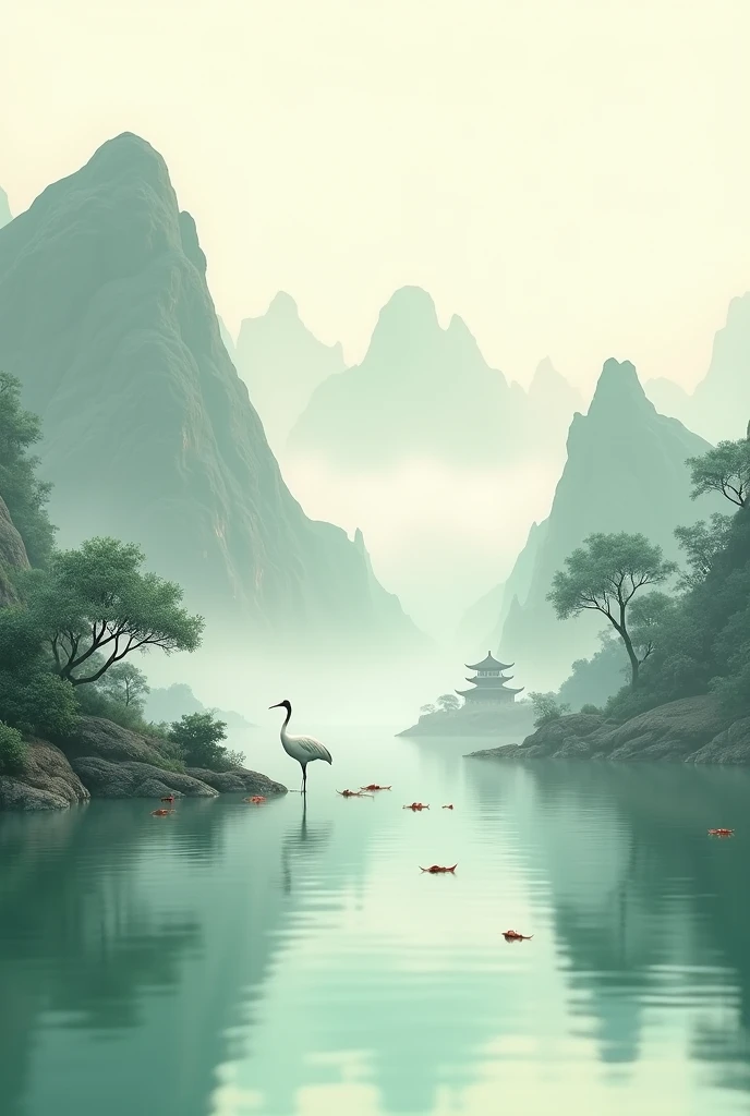 3D view, Chinese style((landscape painting)), surrounded by mountains, a crane catching fish on the water surface