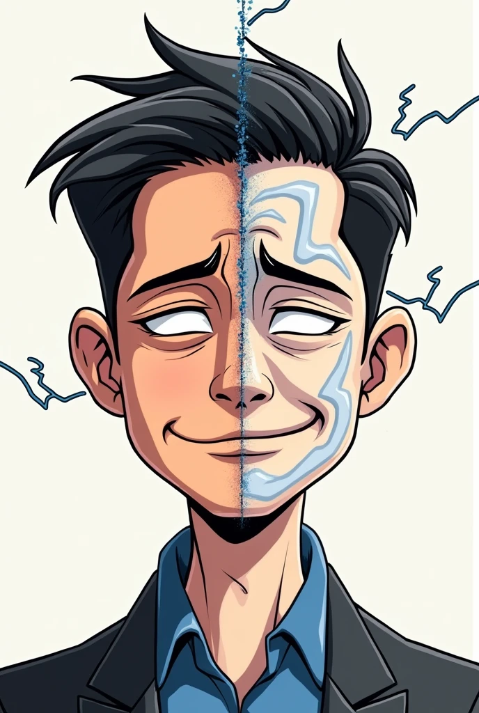 make a half half face the other half is happy and normal face and the other half face is not happy it look tired or kinda sad and the face is electrocuted make the picture like a cartoon so it is easy to trace