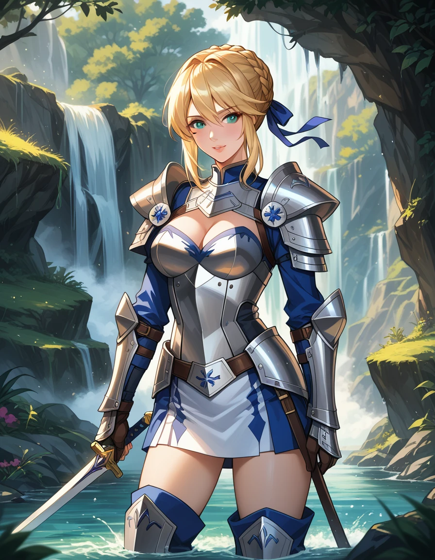 score_9, score_8_up, score_7_up, score_6_up, source_anime, BREAK Anime - Stylistic image of Artoria Pendragon (braid, short dress, ribbon, hair ribbon, armor, gauntlets, armored dress, boots:1.2), BREAK cleavage, (undressing, removing her armor:1.3), BREAK Standing by waterfall, sword in the ground neaarby, Extremely detailed Artgerm, Artgerm on ArtStation Pixiv, BREAK Epic light novel art cover, gorgeous female paladin, trending on artstation pixiv, BREAK sunny, daytime, shallow depth of field, BREAK highly detailed, bokeh, moody, epic, gorgeous, grainy, BREAK (ultra-detailed), (best illustration), (best shadow), (absurdres), (detailed background), (very aesthetic), cowboy shot.