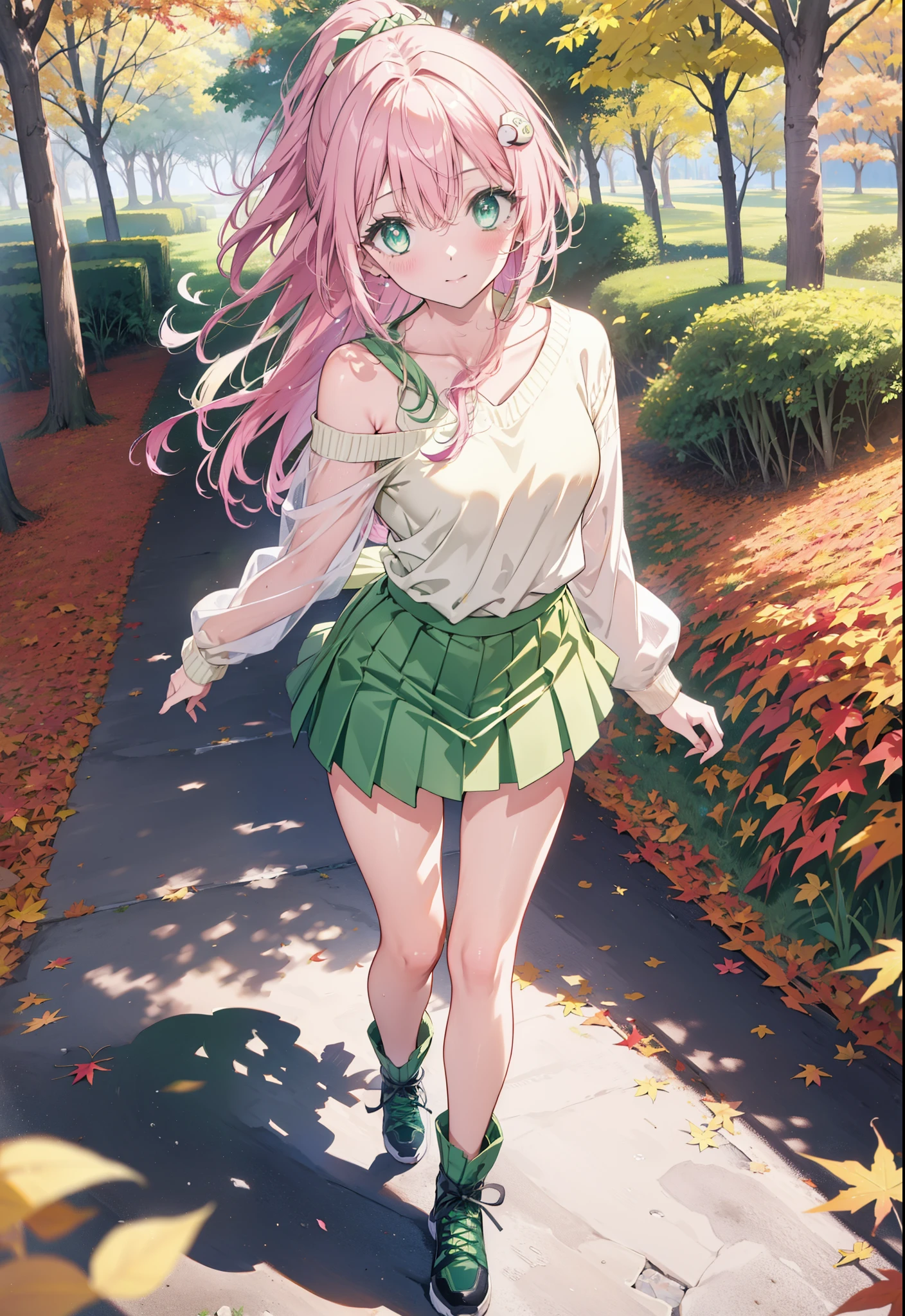 Laladevi Luke, Lara Deviluke, Long Hair, Pink Hair, tail, Ahoge, bangs, hair ornaments, (Green Eyes:1.5), smile,Open your mouth,ponytail,Open your mouth,blush,
break demon tail, One-shoulder sweater,mini skirt,Black pantyhose, short boots,Walking,autumn leaves,autumn leavesが散っている,autumn leavesが積もっている,Daytime,Clear skies,whole bodyがイラストに入るように,
break outdoors, forest,
break looking at viewer, whole body,
break (masterpiece:1.2), Highest quality, High resolution, unity 8k wallpaper, (figure:0.8), (beautiful detailed eyes:1.6), extremely detailed face, Perfect lighting, extremely detailed CG, (Perfect hands, Perfect Anatomy),