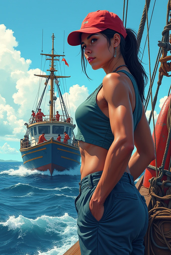 Tuna fishing boat, 8 people　One woman, muscular, sideways illustration