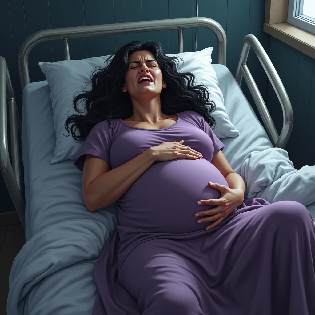 A pregnant dark-haired woman in a purple dress is lying on the left side of a hospital bed、One hand on stomach、Place your other hand on the iron bar、Spread your legs wide、Screaming with a big belly。