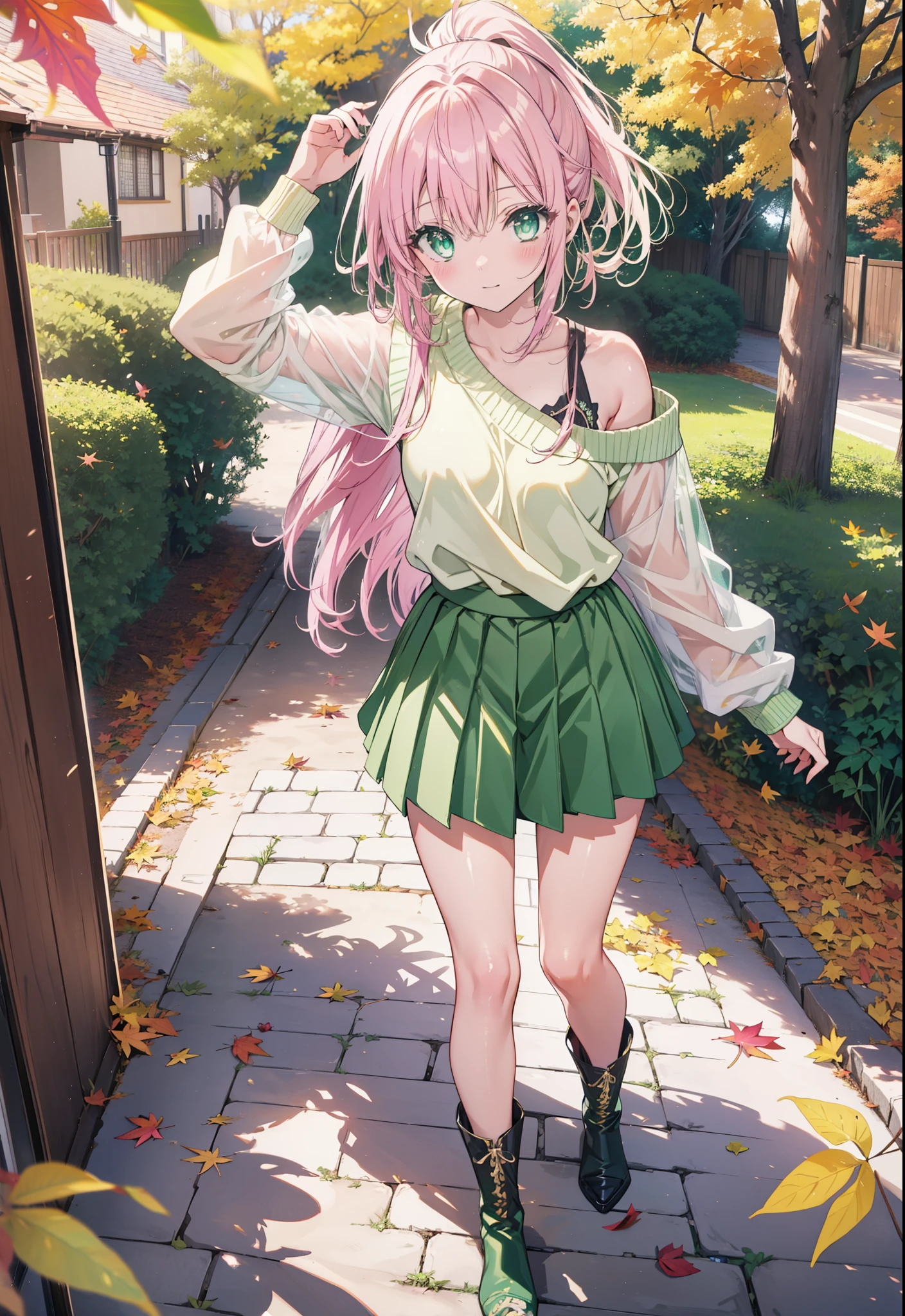 Laladevi Luke, Lara Deviluke, Long Hair, Pink Hair, tail, Ahoge, bangs, hair ornaments, (Green Eyes:1.5), smile,Open your mouth,ponytail,Open your mouth,blush,
break demon tail, One-shoulder sweater,mini skirt,Black pantyhose, short boots,Walking,autumn leaves,autumn leavesが散っている,autumn leavesが積もっている,Daytime,Clear skies,whole bodyがイラストに入るように,
break outdoors, forest,
break looking at viewer, whole body,
break (masterpiece:1.2), Highest quality, High resolution, unity 8k wallpaper, (figure:0.8), (beautiful detailed eyes:1.6), extremely detailed face, Perfect lighting, extremely detailed CG, (Perfect hands, Perfect Anatomy),