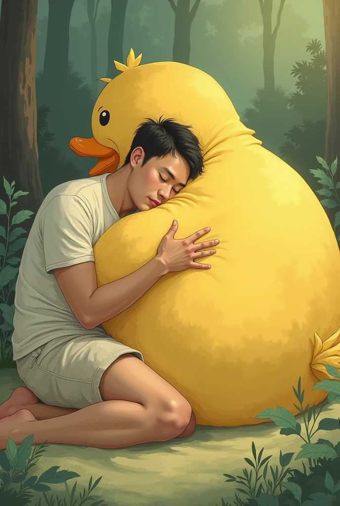Ghibli style drawing of a young and big adult man, lying sleeping hugging a big yellow duck stuffed animal, calm and peaceful image 