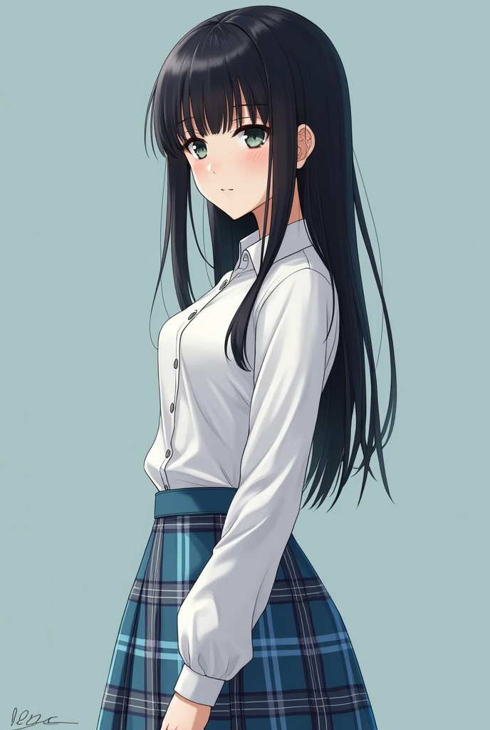 Japanese high school girl with straight black hair。
It's a white shirt, give it realism, photo-like feeling.。
The skirt is light blue plaid, Navy blue, and gray.。
The length of the skirt is just above the knee, Hair length just to waist, The bangs are long enough to cover the eyebrows, Nogizaka46 Style, Viewed diagonally from the right front, Height 180 cm。
similar model, almost like a photo