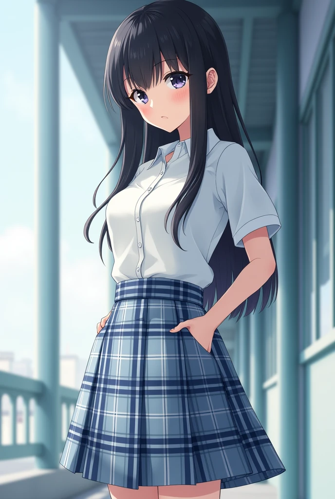 Japanese high school girl with straight black hair。

It&#39;s a white shirt, give it realism, photo-like feeling.。
The skirt is light blue plaid, Navy blue, and gray.。
The length of the skirt is just above the knee, Hair length just to waist, The bangs are long enough to cover the eyebrows, Nogizaka46 Style, Viewed diagonally from the right front, Height 180 cm。
similar model, almost like a photo