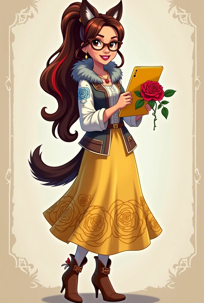 Imagem da filha da Ramona Badwof e da Rosabella Beauty de Ever After High: A long wavy brown ponytail with red streaked bangs, first of all, light brown eyes, brown glasses with a red rose, long white blouse with blue, with red roses on the blouse and sleeves, yellow skirt with golden roses, a faux fur collar around the neck of gray color, wolf earrings, wolf necklace,brown high heel boots with roses, golden flower tiara on head, You have to be holding a yellow tablet with red roses in your hands, You have to have red highlights in your hair, wolf elements in clothing, you shouldn't have wolf ears in your hair, take the wolf ears off her head