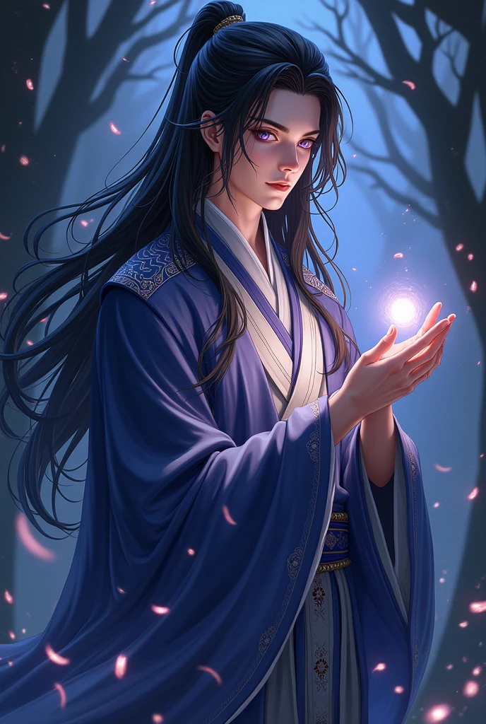 A highly detailed and ethereal illustration of a young, elegant man with long, flowing black hair that cascades down to his waist. His eyes are a striking shade of purple, filled with a mysterious and captivating glow. He is wearing traditional, ornate, and flowing robes in shades of deep blue and silver with intricate patterns. His expression is calm and enigmatic, as he delicately holds a small glowing object in his hand. The background is a mystical night scene with dark trees and swirling winds, adding a sense of quiet magic. The lighting is soft, with subtle highlights that give his hair a silky sheen and make his purple eyes stand out.",
"size": "1024x1024"