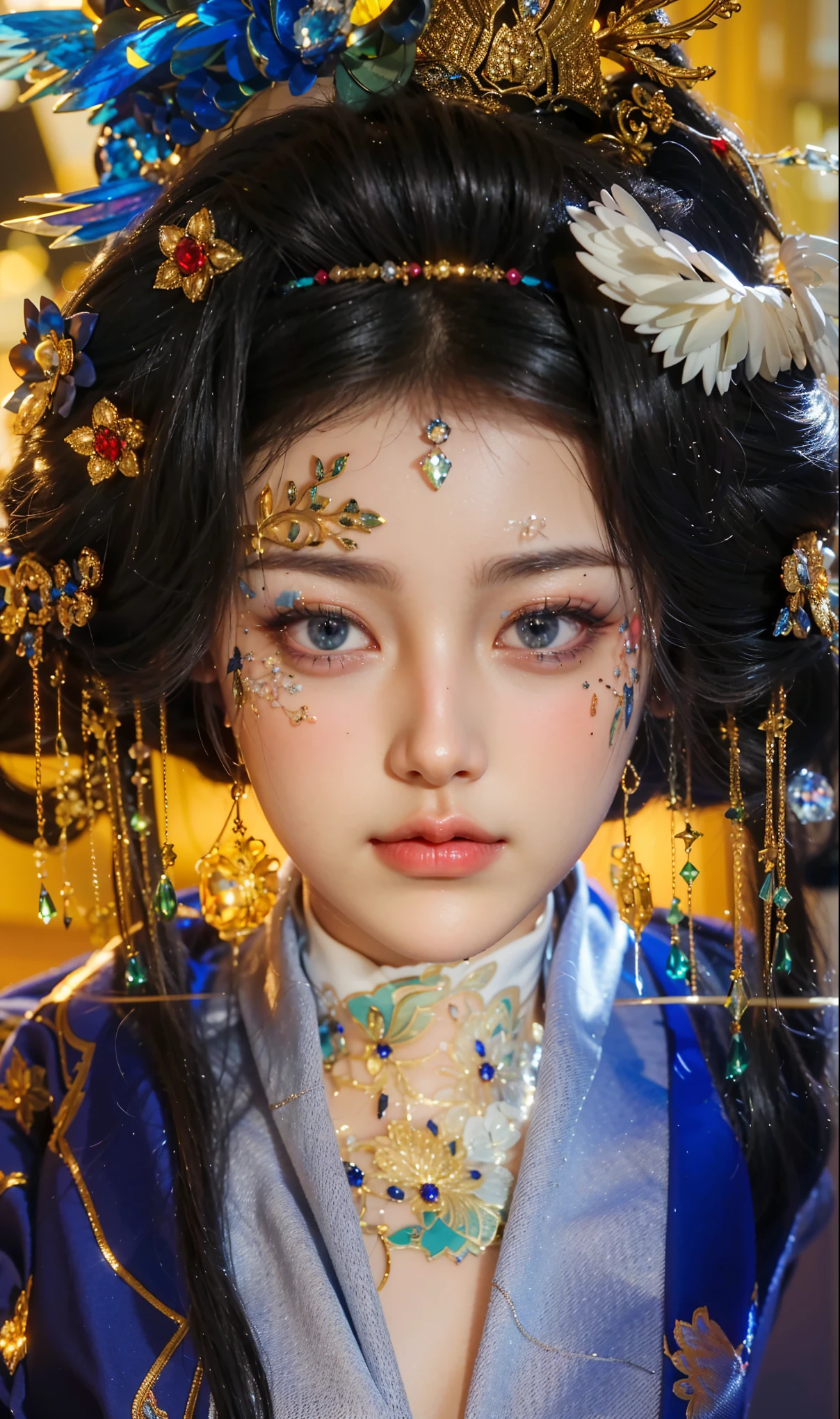 Game Art,Best image quality,Maximum resolution,8K,(A bust photo),(portrait),(Head close-up),(Rule of Thirds),Unreal Engine 5 rendering works,20 year old girl,((Queen)),The eyes are very detailed,(Large Breasts),Elegance and nobility,Light,Light线追踪,Game CG,((3D Unreal Engine)),OC rendering reflection mode,4K,Ultra-clear,Sensual,Translucent lace,Fair and plump figure,Pretty Face,Light泽凝胶涂层,身着华贵礼服的Queen,Crystal Gem Crown,Necklace jewelry,blue eyes,The tattoo is very three-dimensional,Gorgeous and intricate tattoo designs,Ultra-clear portrait,Sexy body,Temple Princess,Swarovski crystal diamond,Heart of the Universe Gem,Delicate facial makeup,The Chinese Empress wore an extremely luxurious gold and gem-carved crown