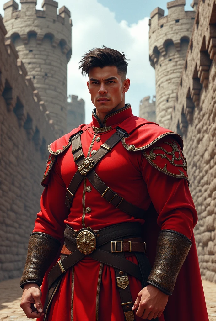 A young mulatto male warrior,  black haired wearing a red outfit, the image of a castle wall in the background