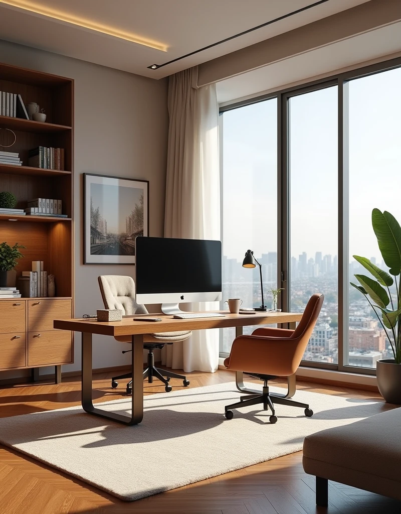 /imagine prompt: A modern luxury home office setup in a bright apartment, featuring a large wooden desk with a sleek computer, a comfortable ergonomic chair, and a stylish bookshelf filled with designer books and decor. The room has large windows with a view of a bustling city, allowing natural light to flood the space. The background includes a minimalist art piece and a modern floor lamp. hd quality, clean and organized, contemporary aesthetic, bright lighting, professional atmosphere, natural colors, --ar 16:9 --v 6.0