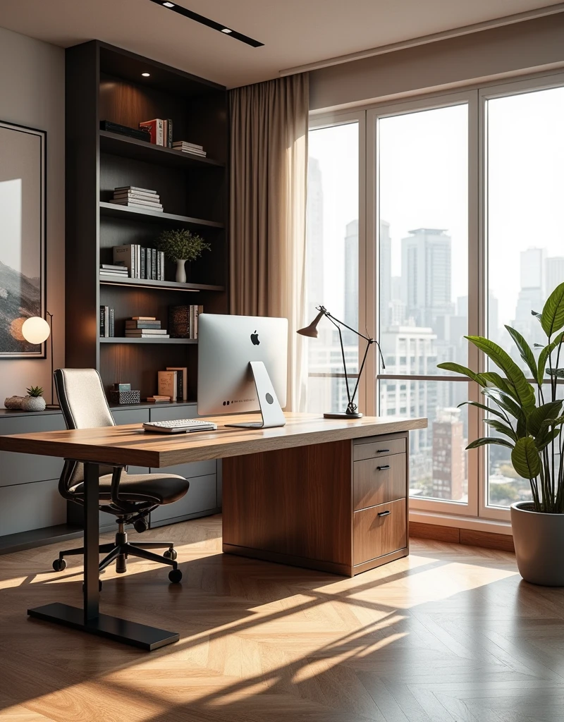 /imagine prompt: A modern luxury home office setup in a bright apartment, featuring a large wooden desk with a sleek computer, a comfortable ergonomic chair, and a stylish bookshelf filled with designer books and decor. The room has large windows with a view of a bustling city, allowing natural light to flood the space. The background includes a minimalist art piece and a modern floor lamp. hd quality, clean and organized, contemporary aesthetic, bright lighting, professional atmosphere, natural colors, --ar 16:9 --v 6.0