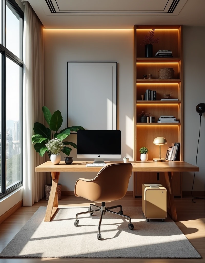 /imagine prompt: A modern luxury home office setup in a bright apartment, featuring a large wooden desk with a sleek computer, a comfortable ergonomic chair, and a stylish bookshelf filled with designer books and decor. The room has large windows with a view of a bustling city, allowing natural light to flood the space. The background includes a minimalist art piece and a modern floor lamp. hd quality, clean and organized, contemporary aesthetic, bright lighting, professional atmosphere, natural colors, --ar 16:9 --v 6.0
