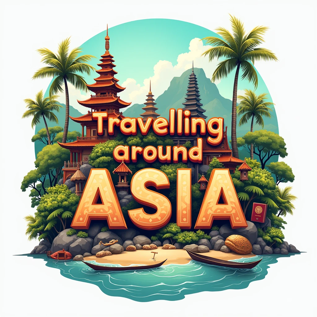 making the name 'Travelling around Asia' the focal point, The design should incorporate tropical beaches, a passport, pagodas, hindu temples and a camera. using a readable font.