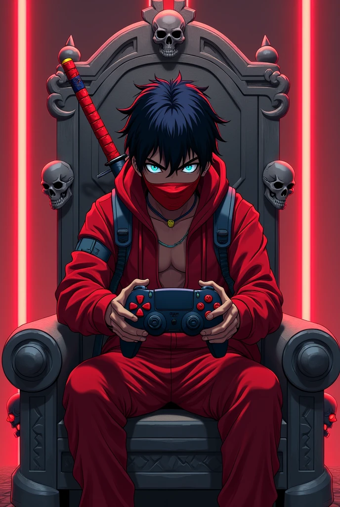 A beautiful anime boy with black hair braided back into his hair, if it reaches your shoulders,African American race with black skin, sexy cyberpunk style, He wears a high-tech red mask over his mouth that even covers his nose., Red neon lights , and high-tech red clothes ,  slanted blue eyes  , He is sitting on an ancient stone throne with skull details from which lights come out playing Playstation 5, On his back he carries a katana,He is looking at the screen angrily , because he is losing in the game , 